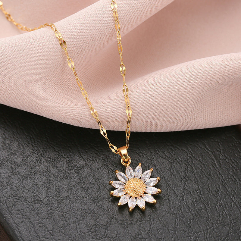 14K Gold Stainless Steel Sunflower CZ Pendant Necklace 16-18" Chain Women AG