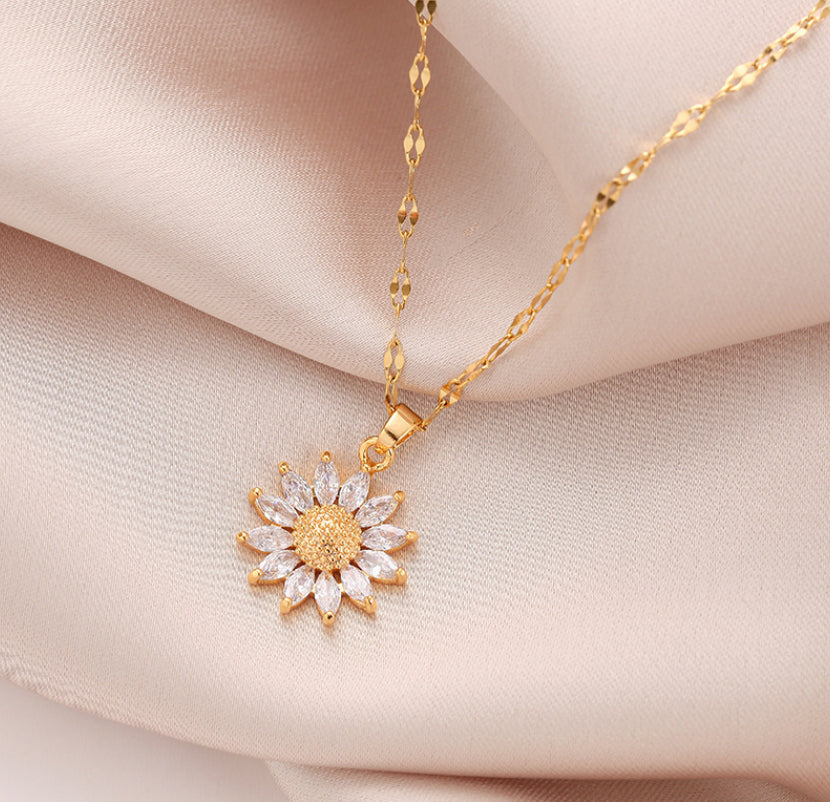 14K Gold Stainless Steel Sunflower CZ Pendant Necklace 16-18" Chain Women AG