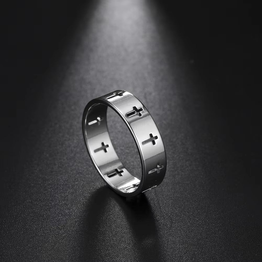 Jeshayuan Personality Hollow Christian Cross Ring for Men and Women Birthday Gift Jewelry Stainless Steel Ring