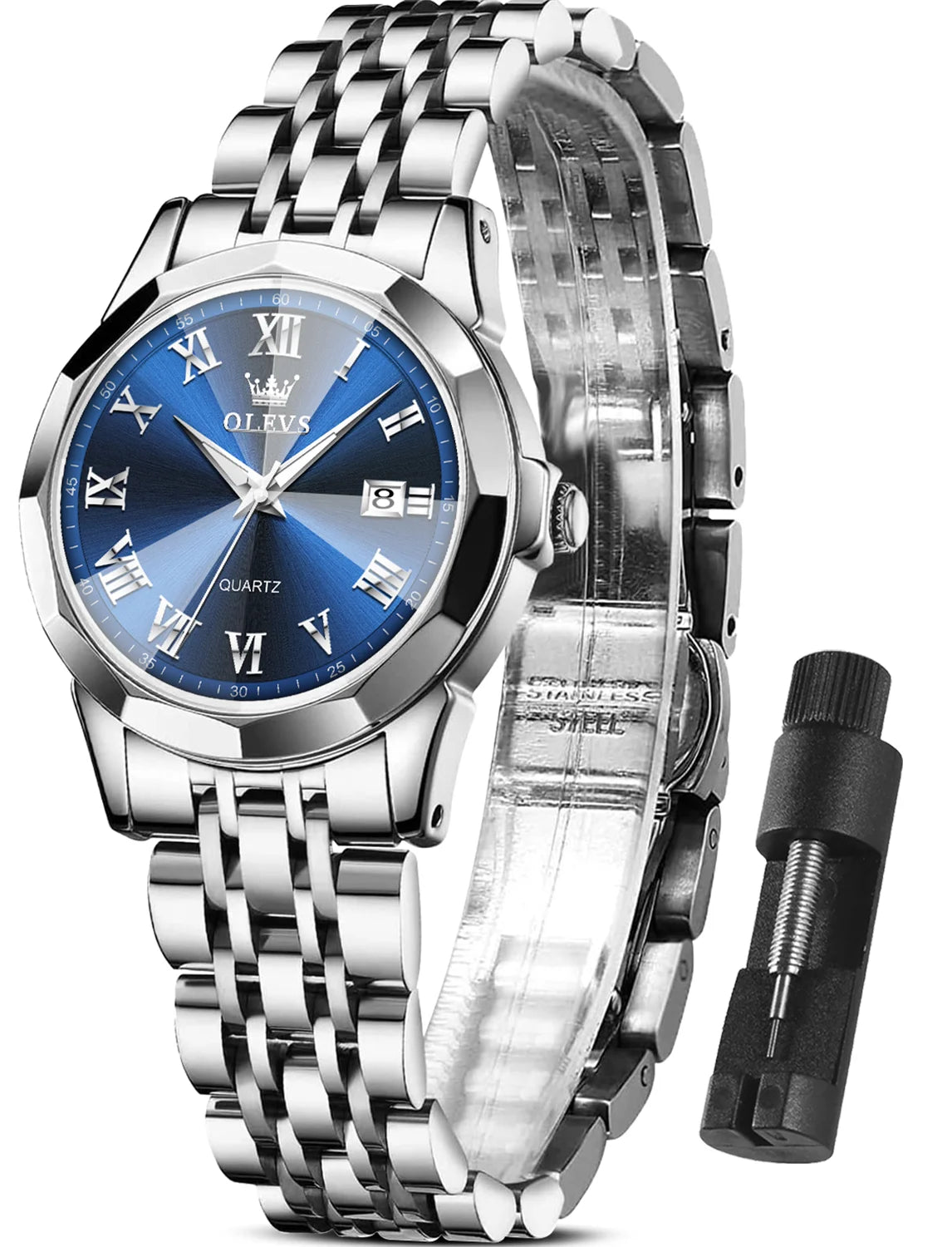 Classic Two Tone Watches for Women Stainless Steel Strap Watches for Women Elegant Blue Dial Womens Watches Womens Day Date Watches Waterproof Lady Watches Reloj Para Mujer Roman Numeral Watch