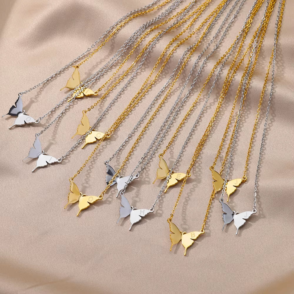 Stainless Steel Butterfly Initial Letter Necklaces for Women Minimalist Gold Color Butterfly Name Necklace Wedding Jewelry BFF