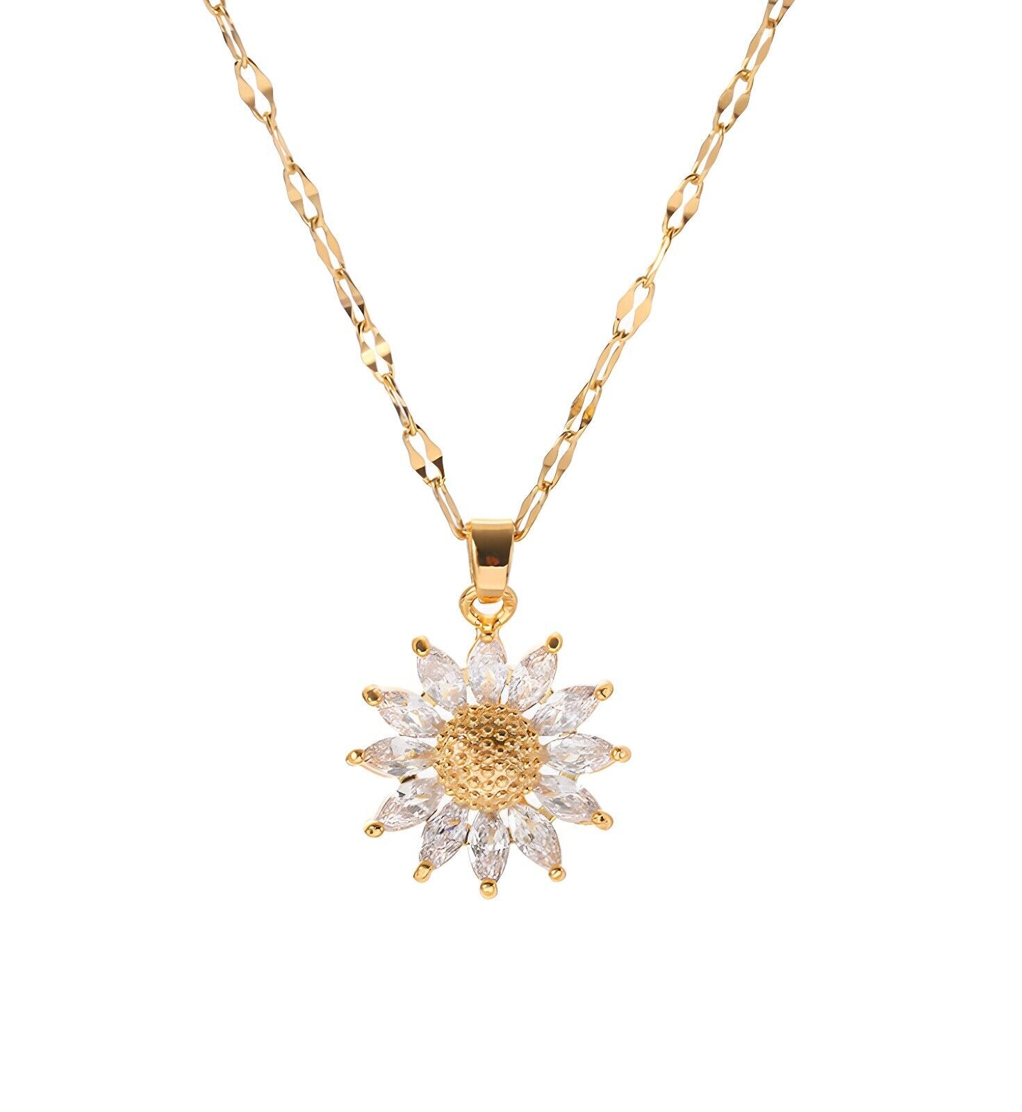 14K Gold Stainless Steel Sunflower CZ Pendant Necklace 16-18" Chain Women AG