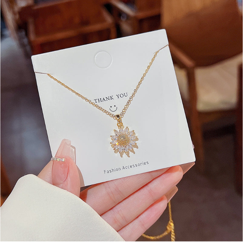 14K Gold Stainless Steel Sunflower CZ Pendant Necklace 16-18" Chain Women AG