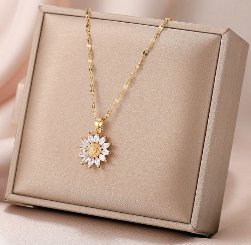 14K Gold Stainless Steel Sunflower CZ Pendant Necklace 16-18" Chain Women AG